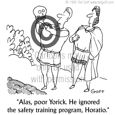 safety cartoon 0923: Worker riding magic carpet wearing a hard hat and seat belt.