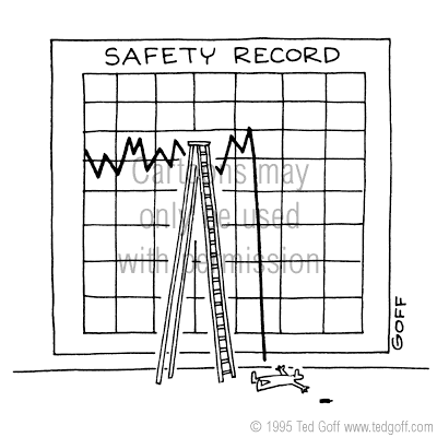 safety cartoon 1363: Worker at heaven's gate. Angel writing in giant book: 