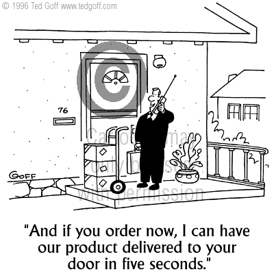 sales cartoon 1774: And that's the theory behind my sales technique.  Now, I'll explain the theory behind our product.  Hey!  Where'd he go?