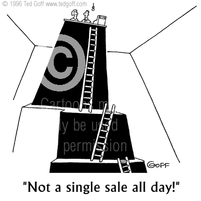 sales cartoon 1905: Salesman almost down trapdoor: Say -- you refuse to accept defeat! I like that!