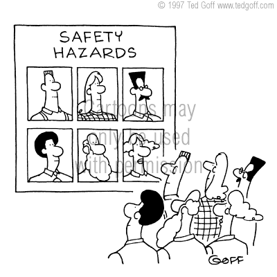 safety cartoon 2196: Safety Department. On wall is score kept of 