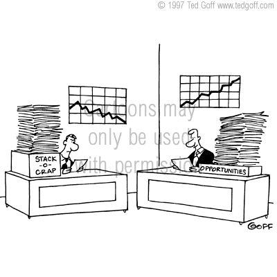 management cartoon 2282: Room with many crates of papers labeled: 