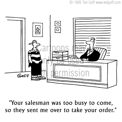 management cartoon 2743: Man with title plate on desk: 