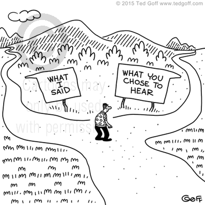 Management Cartoon # 7543: Signs pointing to two different paths: What I said, What you chose to hear 