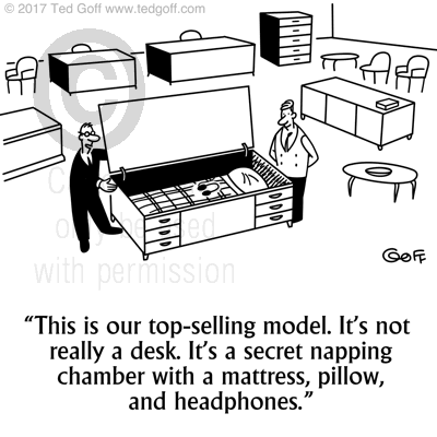 Office Cartoon # 7699: This is our top-selling model. It's not really a desk. It's a secret napping chamber with a mattress, pillow, and headphones. 