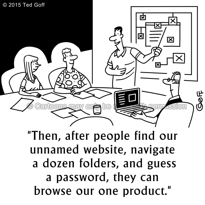 Computer Cartoon # 7546: Then, after people find our unnamed website, navigate a dozen folders, and guess a password, they can browse our one product. 