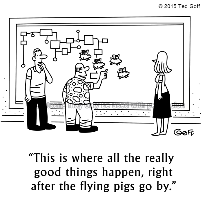 Management Cartoon # 7560: This is where all the really good things happen, right after the flying pigs go by. 