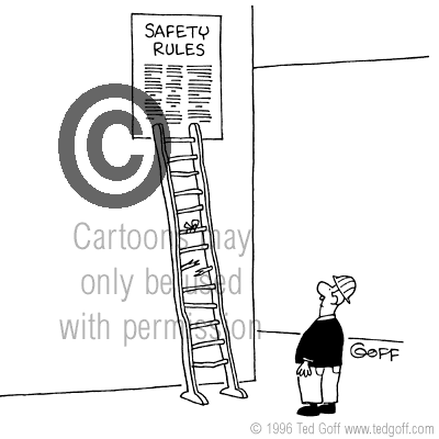 Safety Cartoon # 2090: Worker and rickety ladder leading up to Safety Rules on wall.