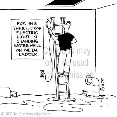 Safety Cartoon # 3013: Sign: For big thrill, drop electric light in standing water while on metal ladder.