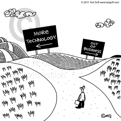 Computer Cartoon # 6831: Two signs at fork in road: More Technology / Out of Business.