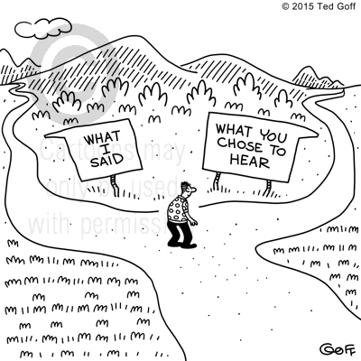 Management Cartoon # 7543: Signs pointing to two different paths: What I said, What you chose to hear