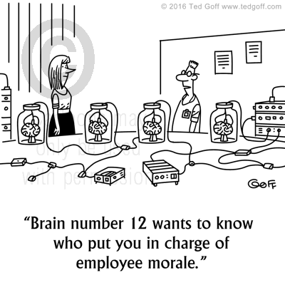 Computer Cartoon # 7628: Brain number 12 wants to know who put you in charge of employee morale.