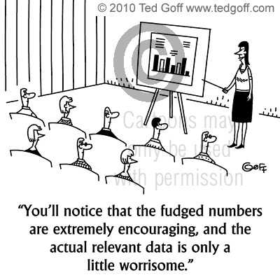 Financial Cartoon # 6749: You'll notice that the fudged numbers are extremely encouraging, and the actual relevant data is only a little worrisome.