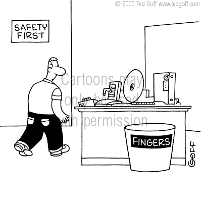 Safety Cartoon # 3012: Safety First sign near slicing machine with ...